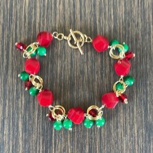 HAND CRAFTED HOLIDAY BRACELET Red Green Gold Size 8”